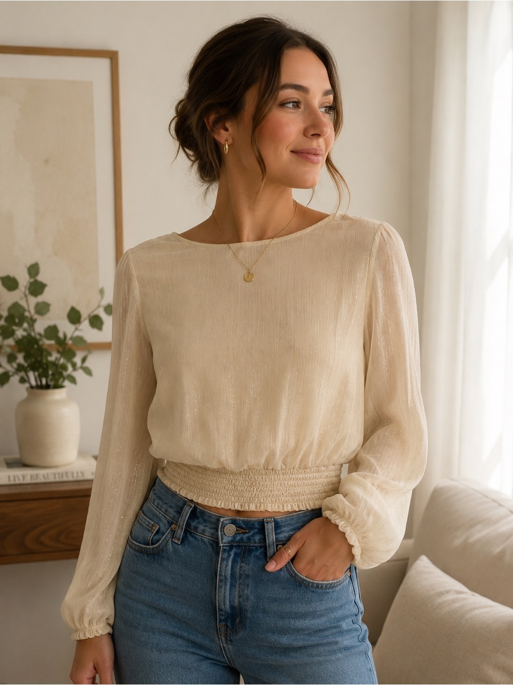 Women's Cream Long-Sleeve Smocked Hem Top